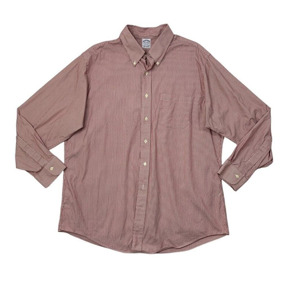 Brooks Brothers Shirt Mens 17.5 Red White Cotton Regent Striped Button Down